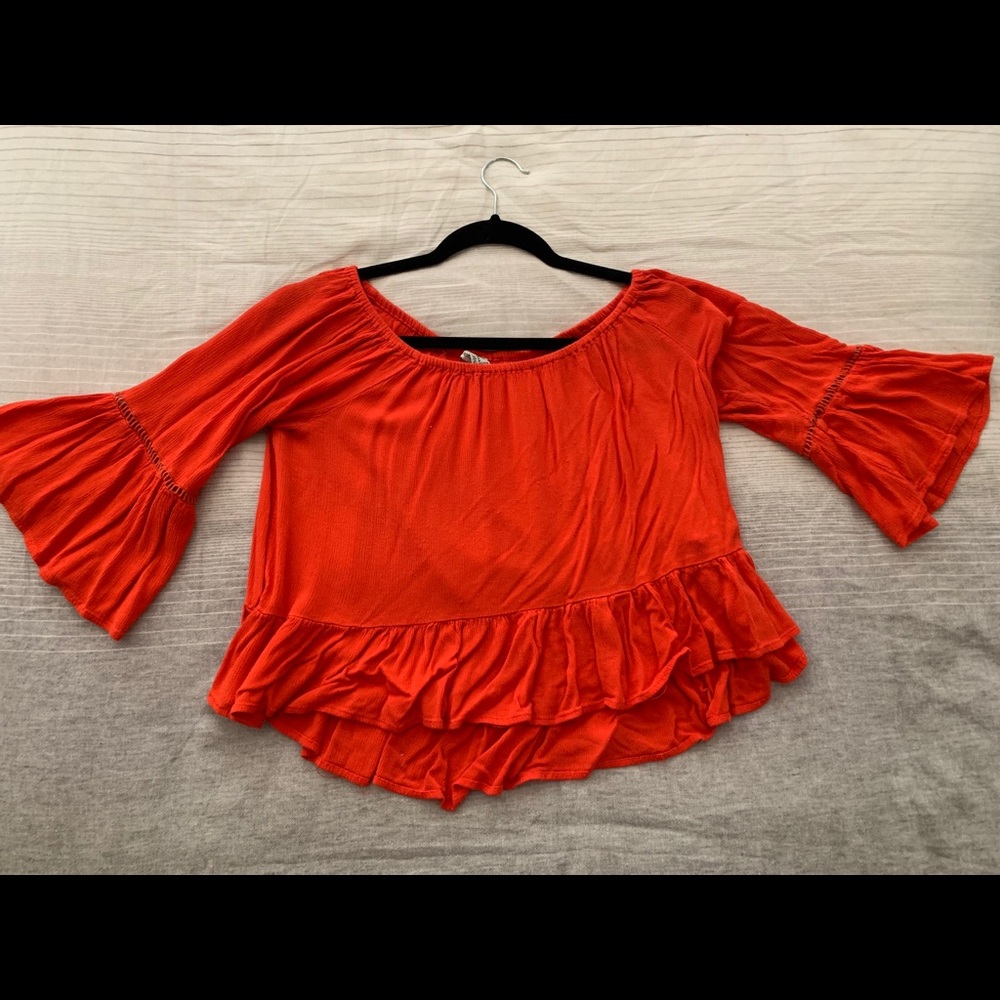 Off Shoulder Orange Top with Bell Bottomed Sleeves